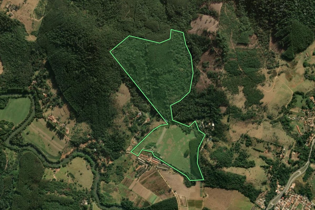 Imagem de satélite do imóvel rural em Amparo (SP), com o contorno declarado no CAR desenhado por cima.