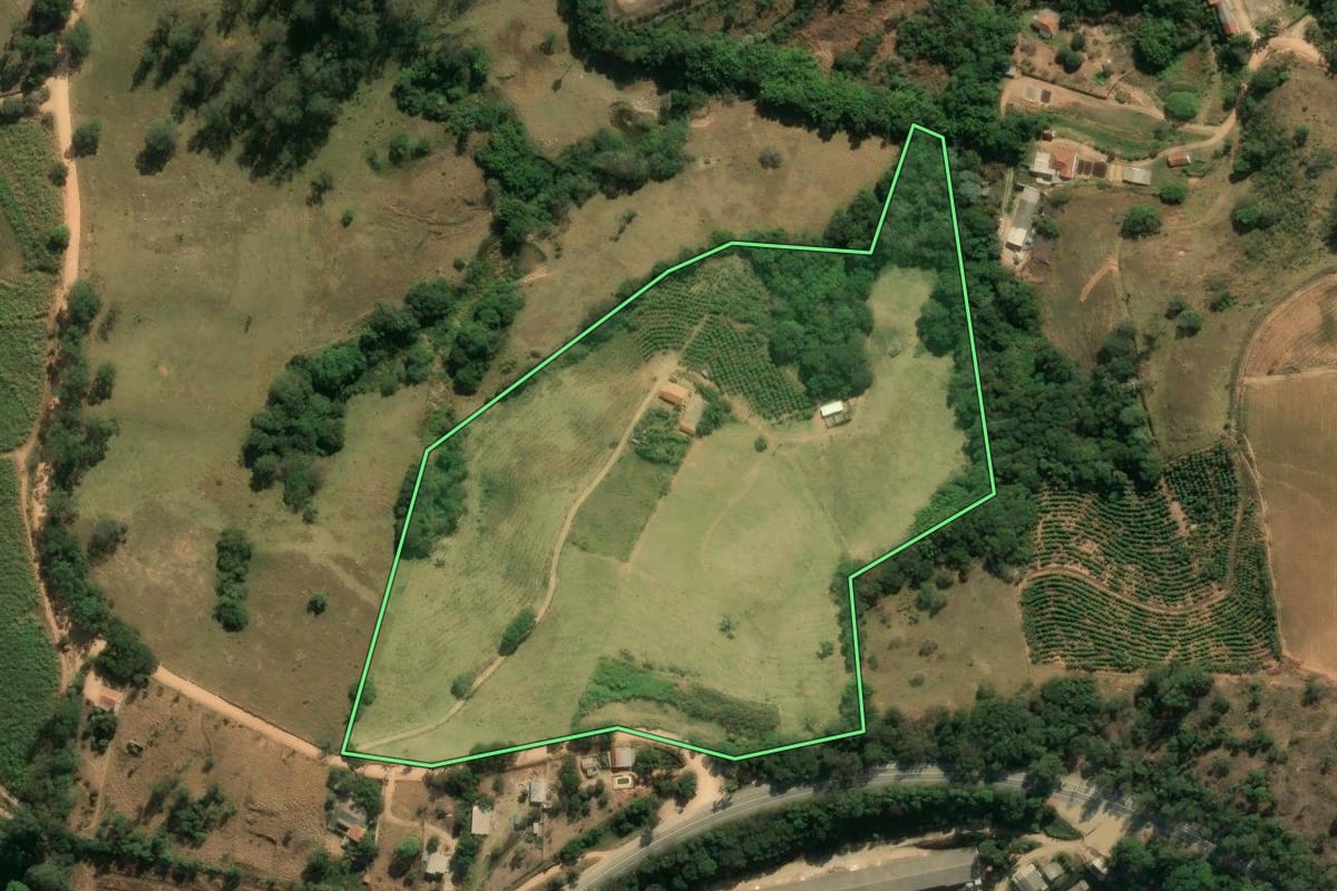 Imagem de satélite do imóvel rural em Amparo (SP), com o contorno declarado no CAR desenhado por cima.