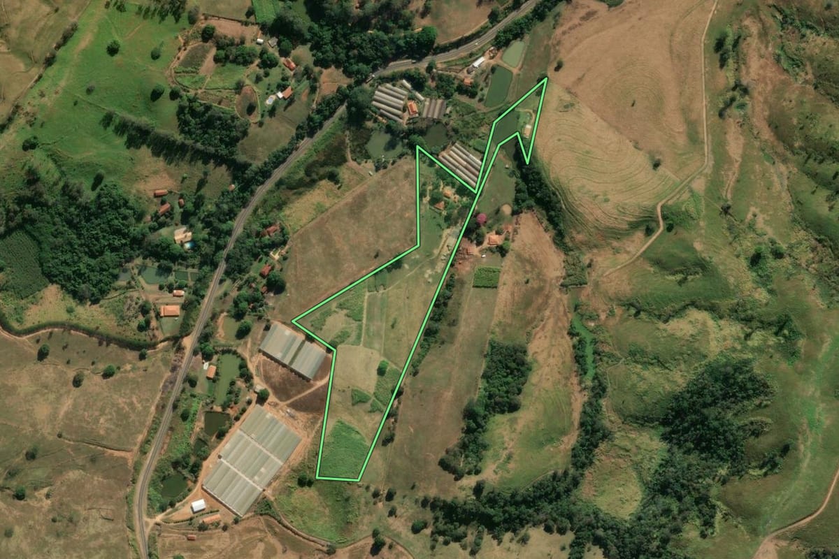 Imagem de satélite do imóvel rural em Amparo (SP), com o contorno declarado no CAR desenhado por cima.