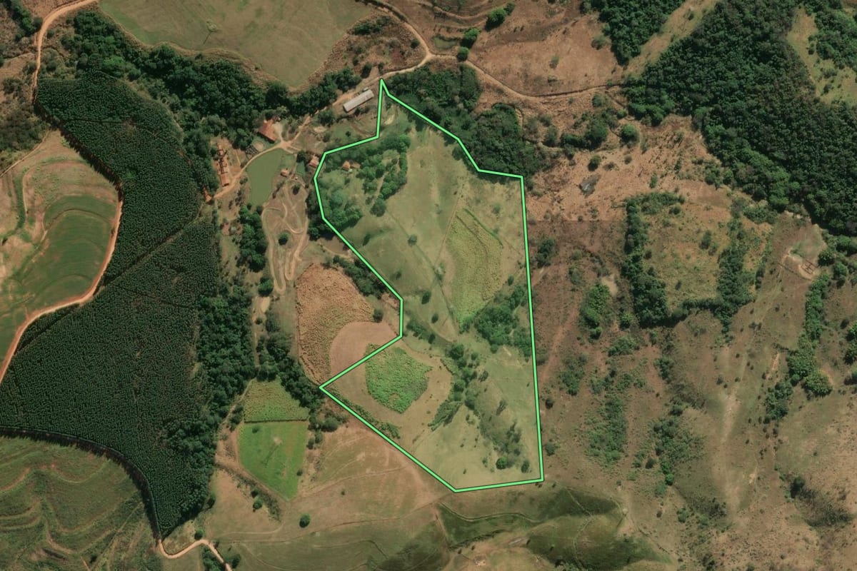 Imagem de satélite do imóvel rural em Amparo (SP), com o contorno declarado no CAR desenhado por cima.