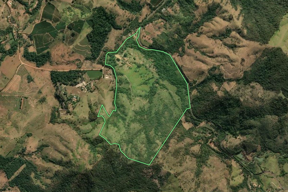 Imagem de satélite do imóvel rural em Amparo (SP), com o contorno declarado no CAR desenhado por cima.