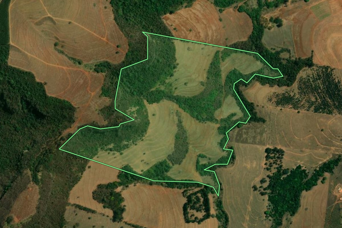 Imagem de satélite do imóvel rural em Analândia (SP), com o contorno declarado no CAR desenhado por cima.