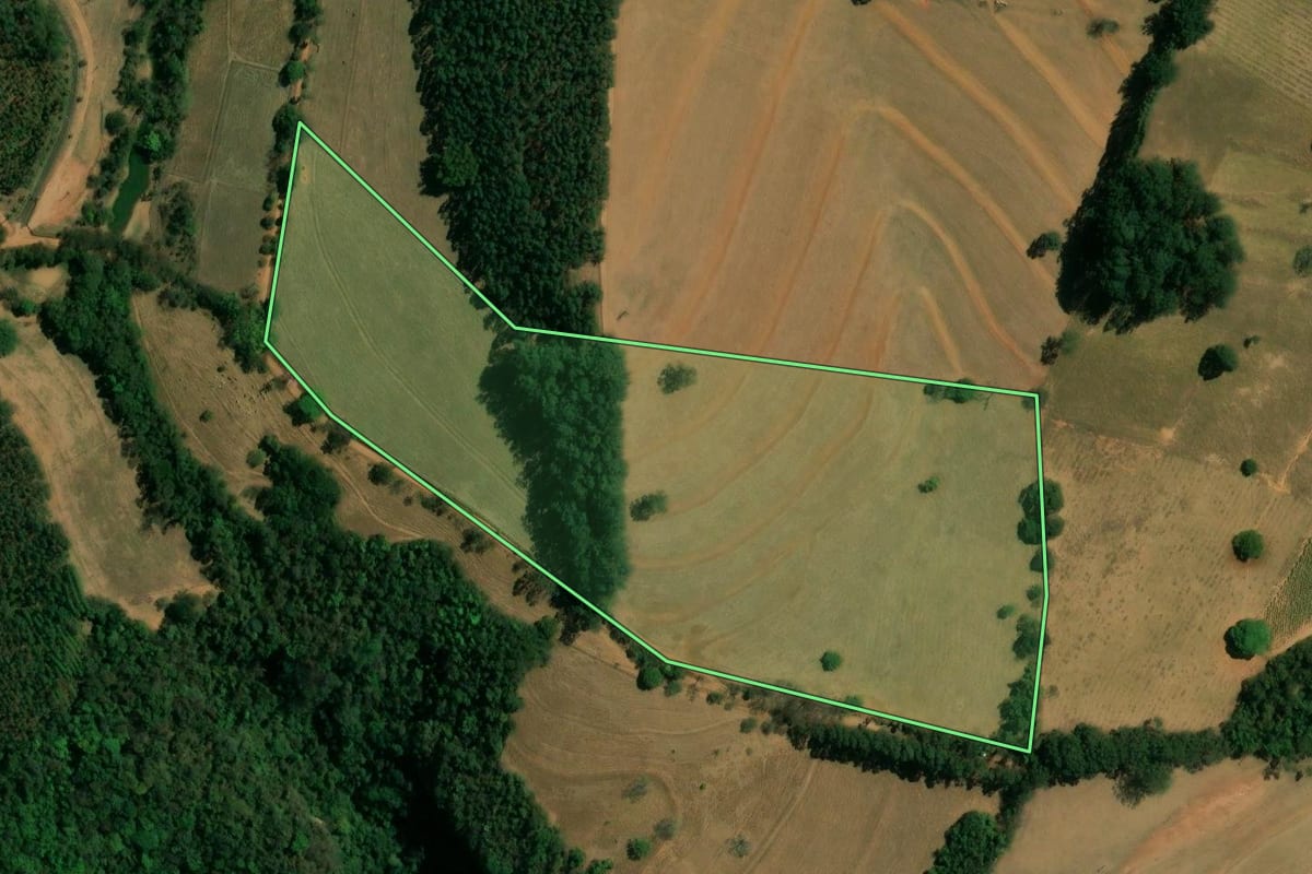 Imagem de satélite do imóvel rural em Analândia (SP), com o contorno declarado no CAR desenhado por cima.