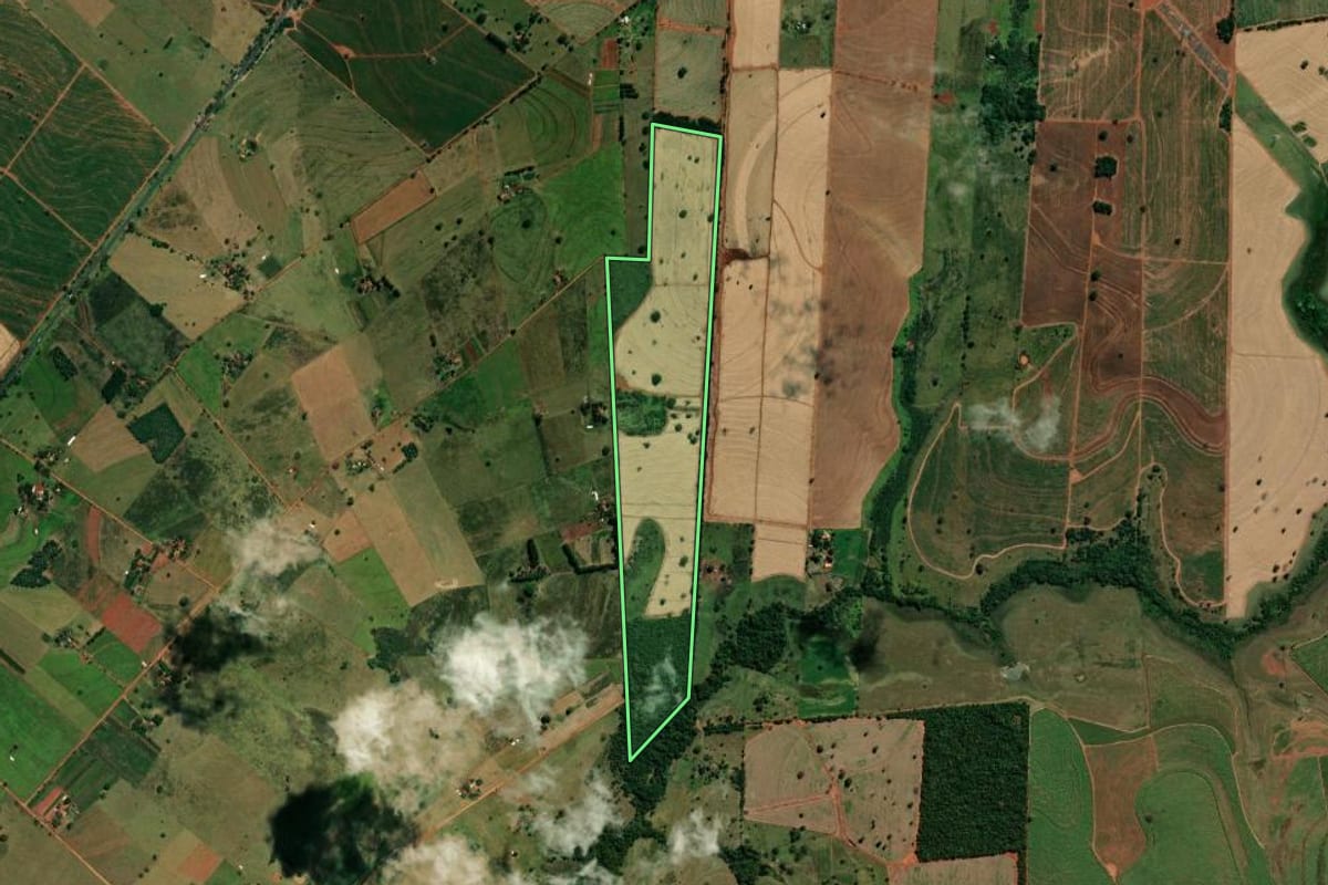 Imagem de satélite do imóvel rural em Andradina (SP), com o contorno declarado no CAR desenhado por cima.