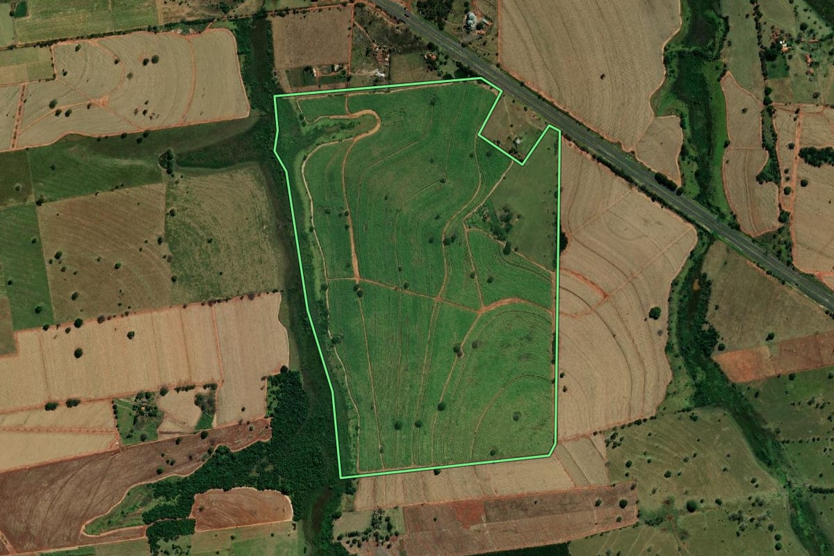 Imagem de satélite do imóvel rural em Andradina (SP), com o contorno declarado no CAR desenhado por cima.