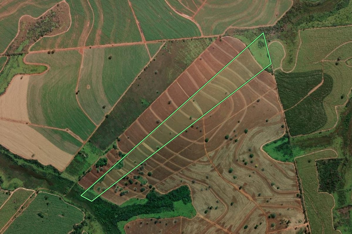 Imagem de satélite do imóvel rural em Andradina (SP), com o contorno declarado no CAR desenhado por cima.