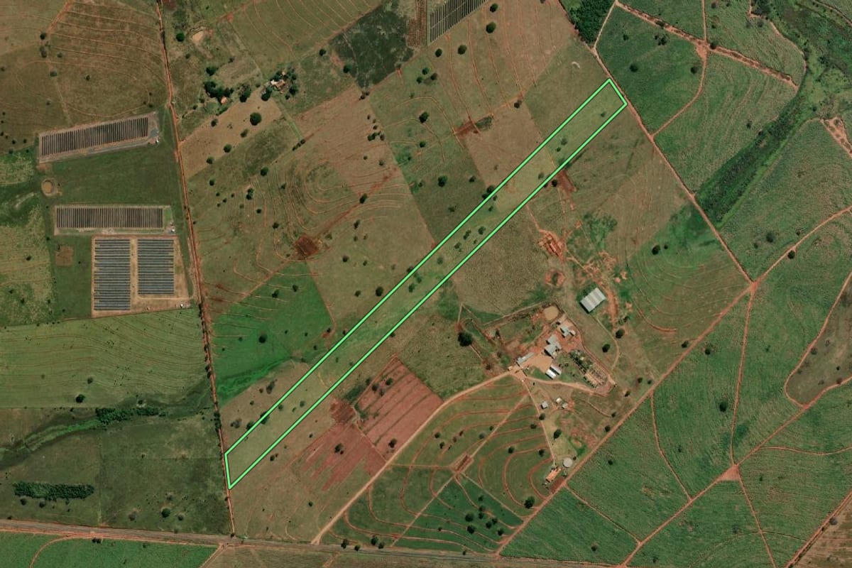 Imagem de satélite do imóvel rural em Andradina (SP), com o contorno declarado no CAR desenhado por cima.