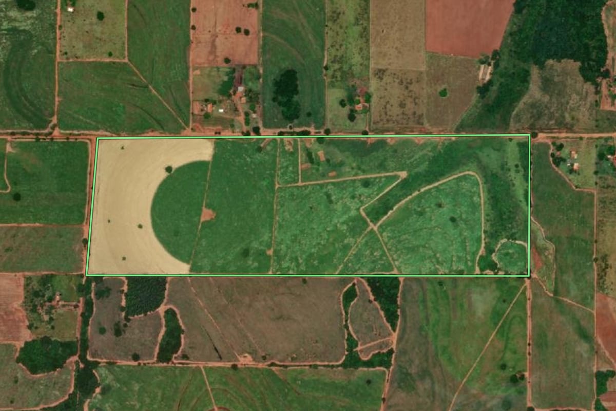 Imagem de satélite do imóvel rural em Andradina (SP), com o contorno declarado no CAR desenhado por cima.