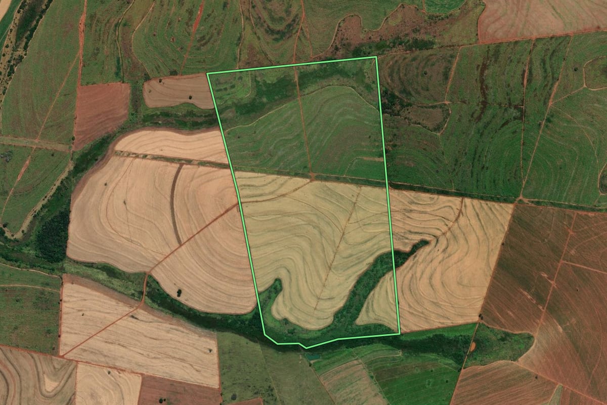 Imagem de satélite do imóvel rural em Andradina (SP), com o contorno declarado no CAR desenhado por cima.