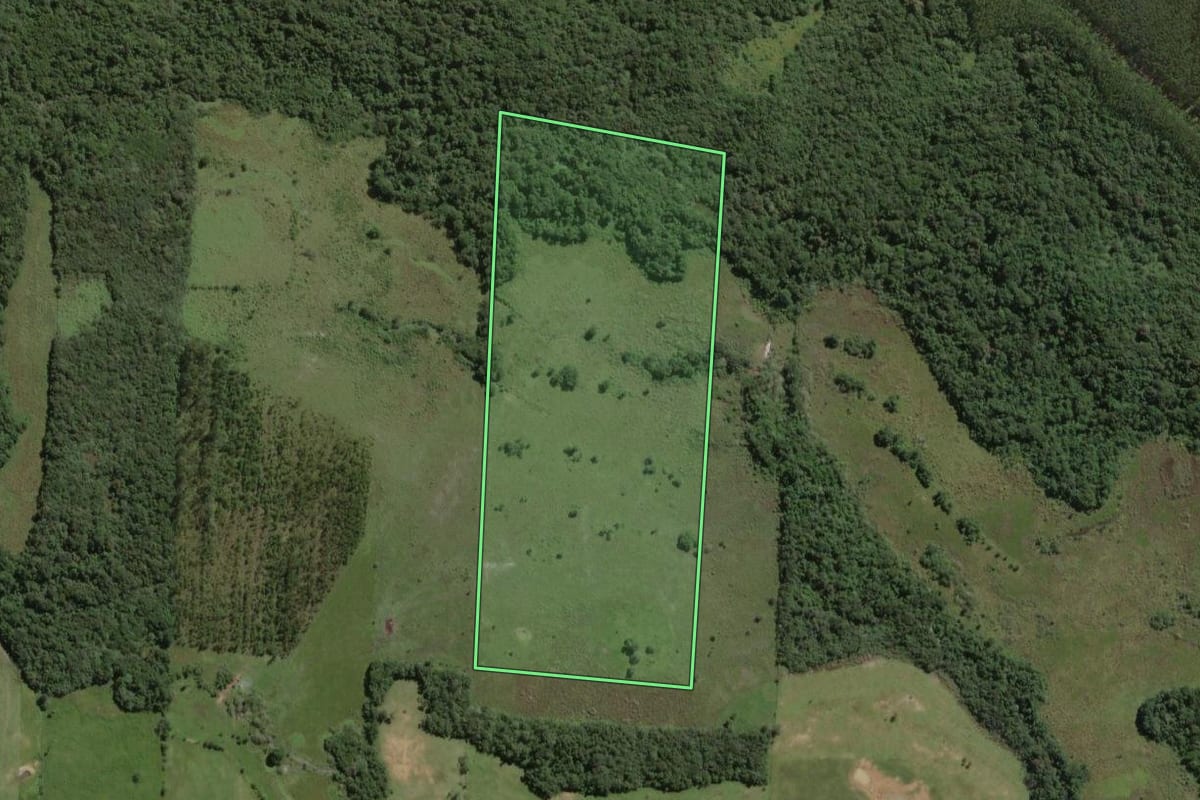 Imagem de satélite do imóvel rural em Angatuba (SP), com o contorno declarado no CAR desenhado por cima.