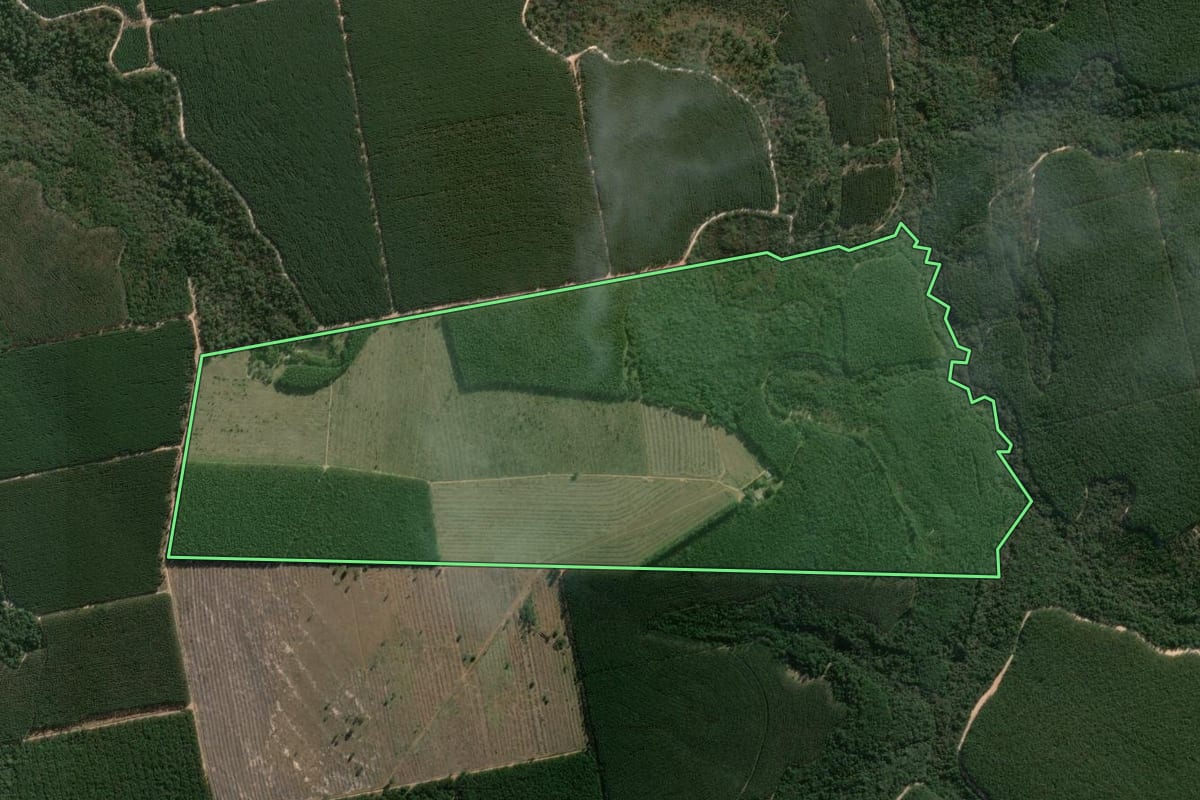 Imagem de satélite do imóvel rural em Angatuba (SP), com o contorno declarado no CAR desenhado por cima.