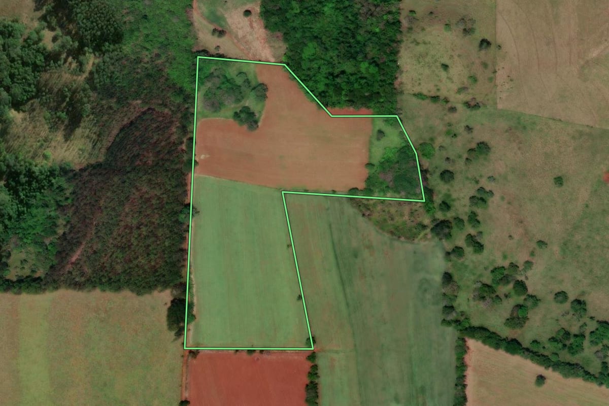 Imagem de satélite do imóvel rural em Angatuba (SP), com o contorno declarado no CAR desenhado por cima.