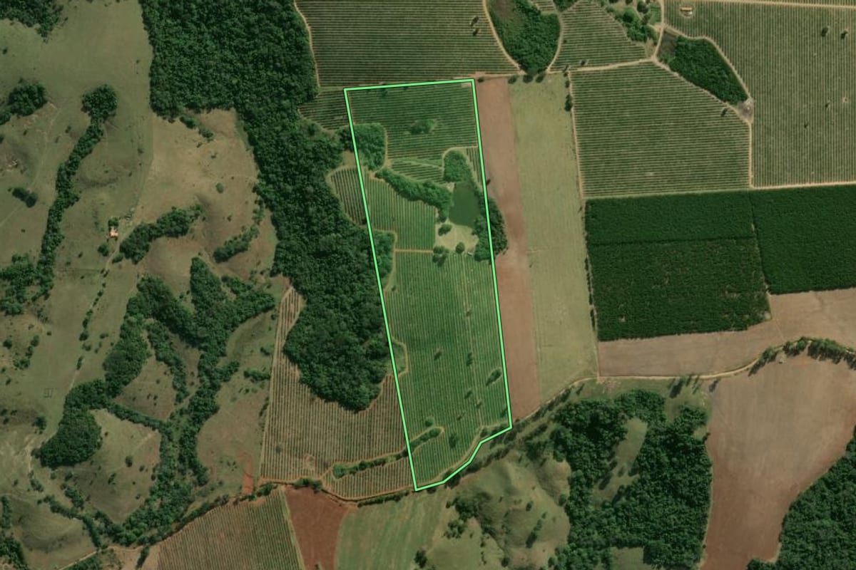 Imagem de satélite do imóvel rural em Angatuba (SP), com o contorno declarado no CAR desenhado por cima.