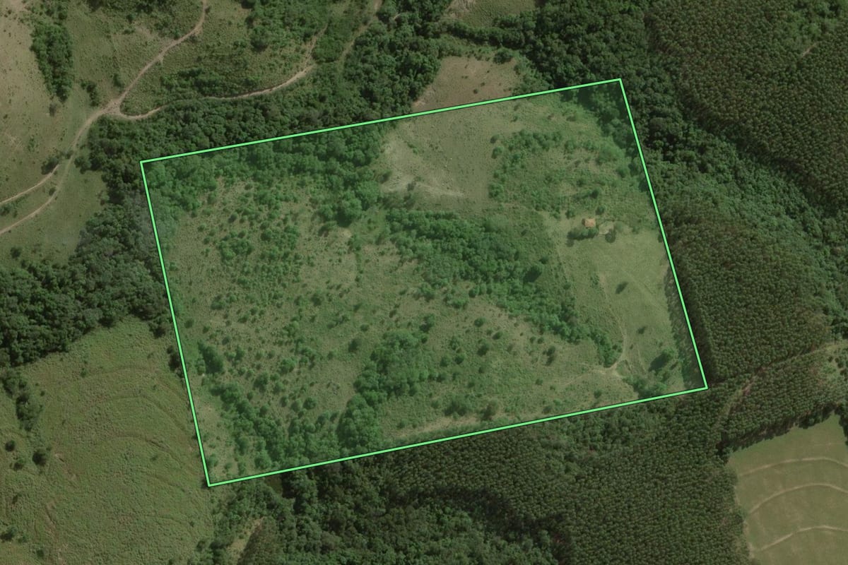 Imagem de satélite do imóvel rural em Angatuba (SP), com o contorno declarado no CAR desenhado por cima.