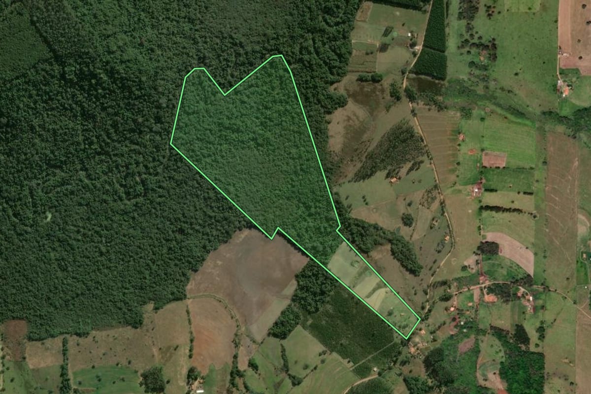 Imagem de satélite do imóvel rural em Angatuba (SP), com o contorno declarado no CAR desenhado por cima.