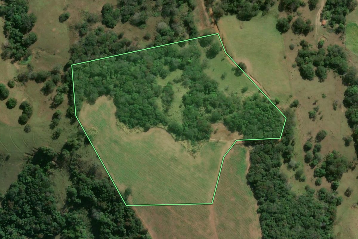 Imagem de satélite do imóvel rural em Angatuba (SP), com o contorno declarado no CAR desenhado por cima.