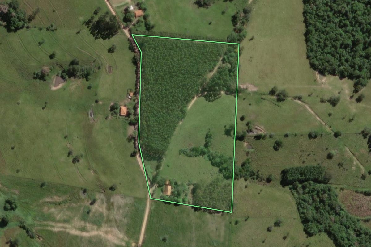 Imagem de satélite do imóvel rural em Angatuba (SP), com o contorno declarado no CAR desenhado por cima.