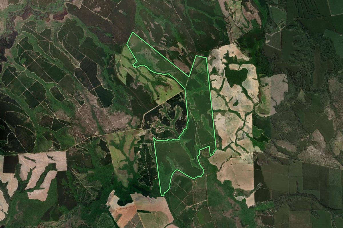 Imagem de satélite do imóvel rural em Angatuba (SP), com o contorno declarado no CAR desenhado por cima.