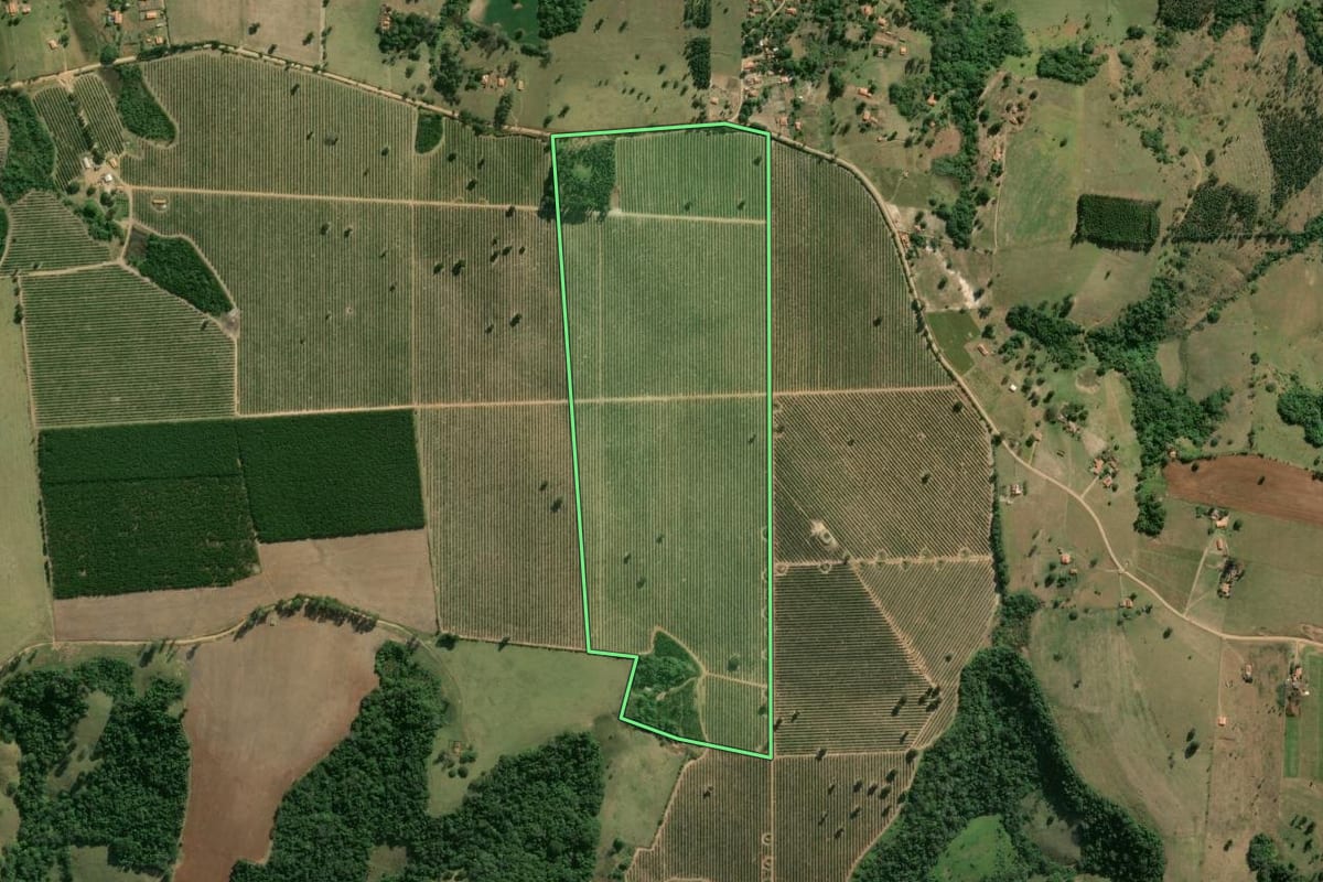 Imagem de satélite do imóvel rural em Angatuba (SP), com o contorno declarado no CAR desenhado por cima.