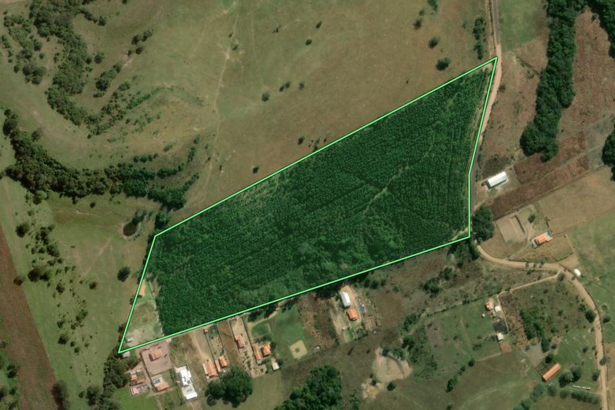Imagem de satélite do imóvel rural em Angatuba (SP), com o contorno declarado no CAR desenhado por cima.
