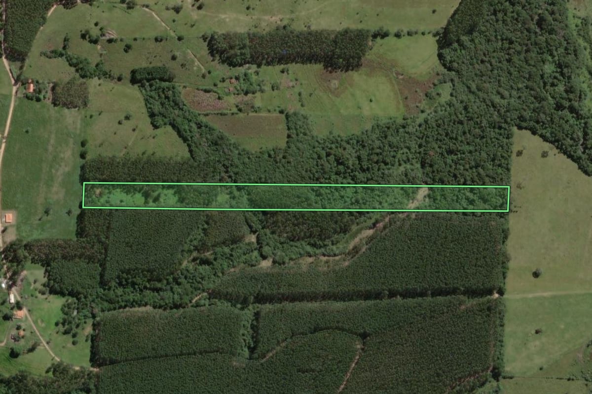 Imagem de satélite do imóvel rural em Angatuba (SP), com o contorno declarado no CAR desenhado por cima.