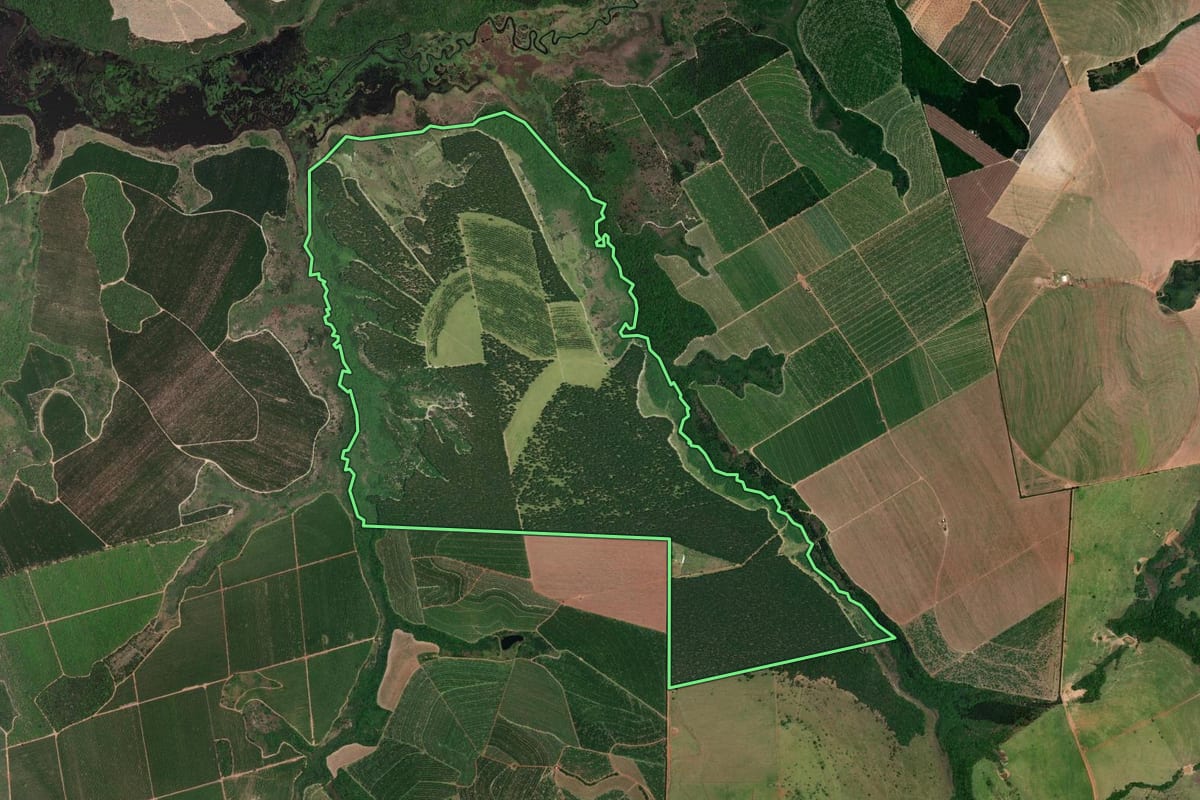 Imagem de satélite do imóvel rural em Angatuba (SP), com o contorno declarado no CAR desenhado por cima.