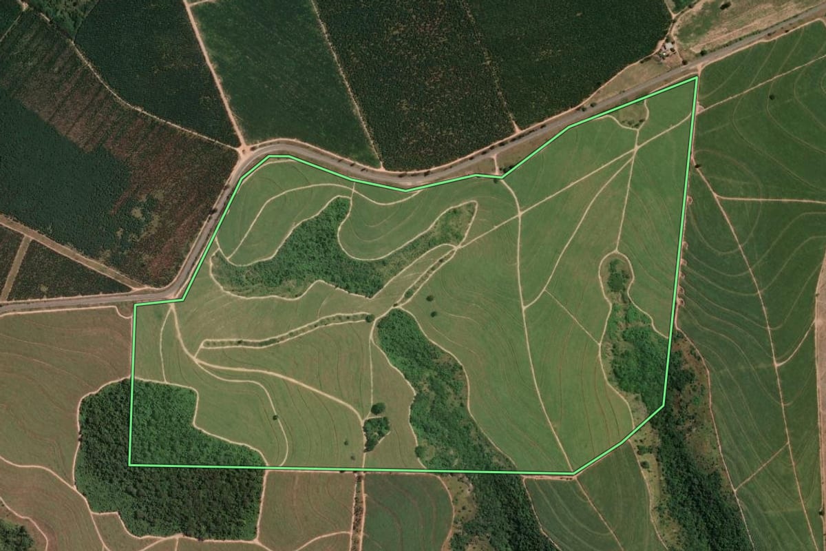 Imagem de satélite do imóvel rural em Anhembi (SP), com o contorno declarado no CAR desenhado por cima.