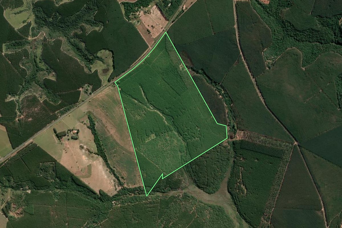 Imagem de satélite do imóvel rural em Anhembi (SP), com o contorno declarado no CAR desenhado por cima.