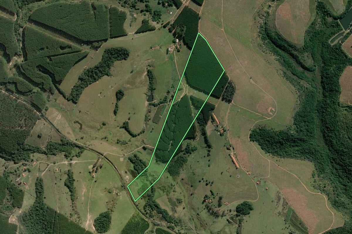 Imagem de satélite do imóvel rural em Anhembi (SP), com o contorno declarado no CAR desenhado por cima.