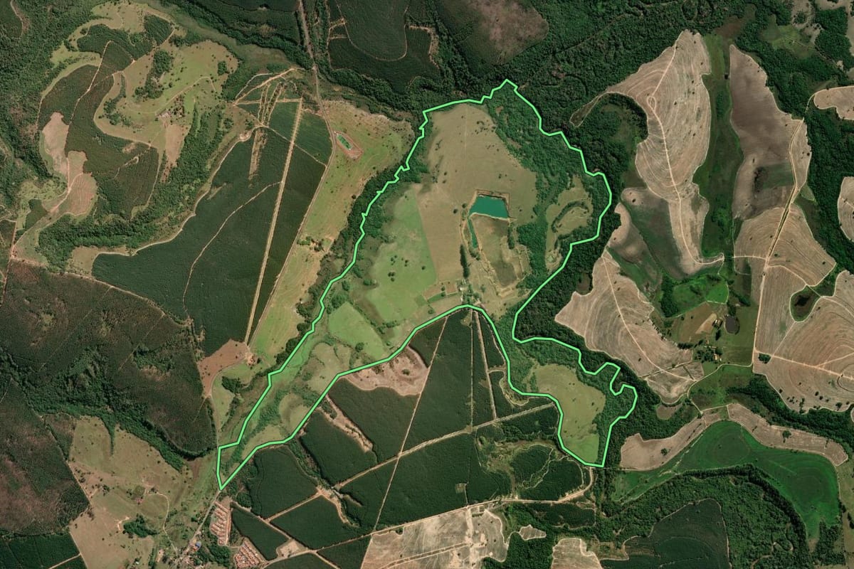 Imagem de satélite do imóvel rural em Anhembi (SP), com o contorno declarado no CAR desenhado por cima.