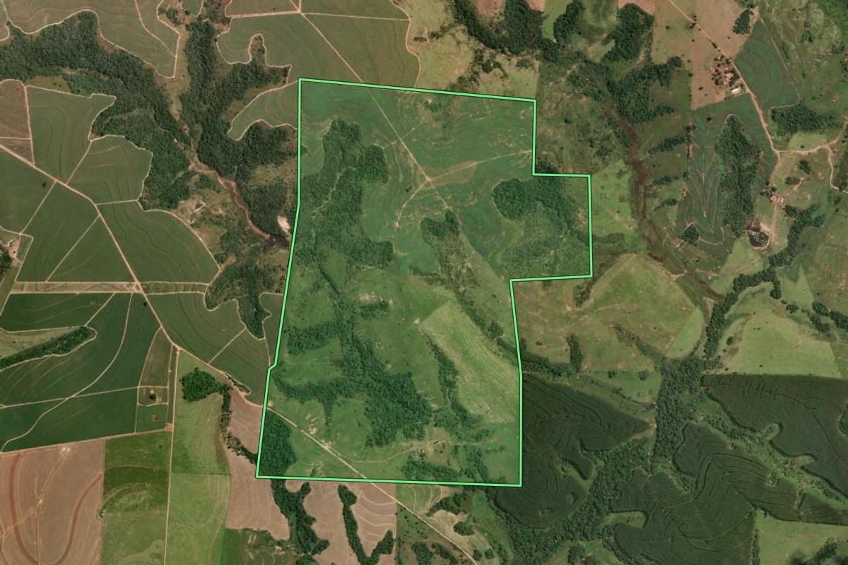 Imagem de satélite do imóvel rural em Anhembi (SP), com o contorno declarado no CAR desenhado por cima.