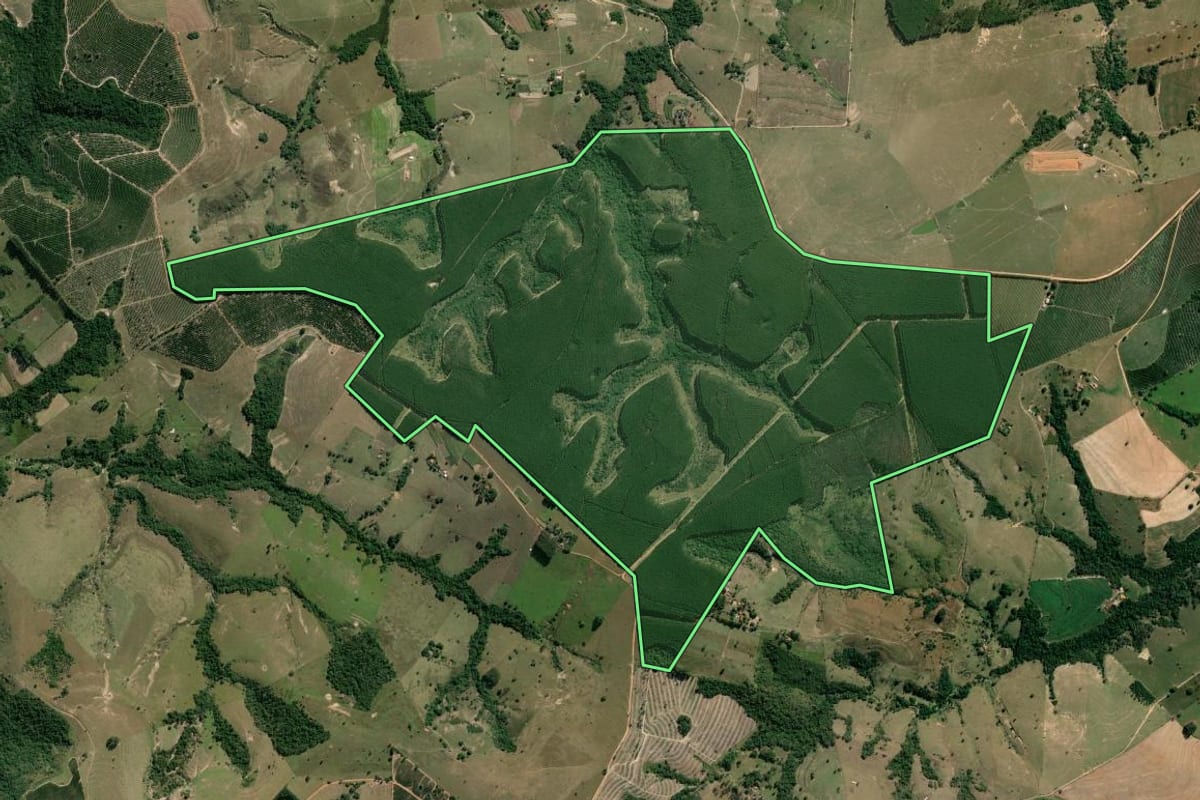 Imagem de satélite do imóvel rural em Anhembi (SP), com o contorno declarado no CAR desenhado por cima.