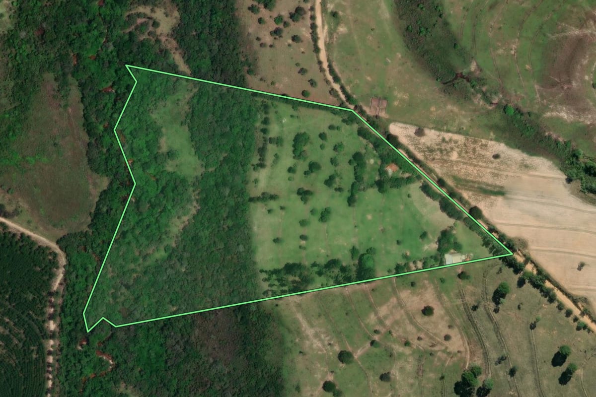 Imagem de satélite do imóvel rural em Anhembi (SP), com o contorno declarado no CAR desenhado por cima.