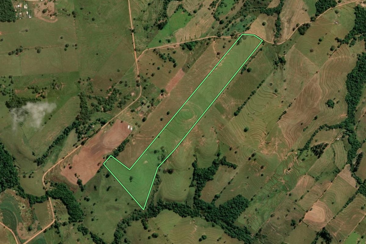 Imagem de satélite do imóvel rural em Anhumas (SP), com o contorno declarado no CAR desenhado por cima.