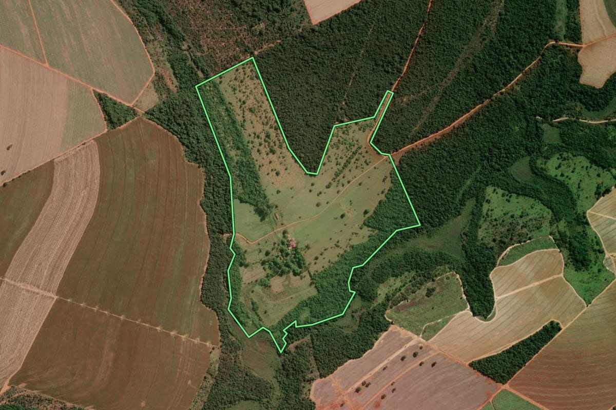Imagem de satélite do imóvel rural em Anhumas (SP), com o contorno declarado no CAR desenhado por cima.