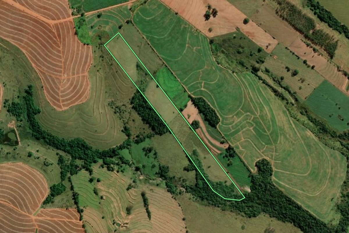 Imagem de satélite do imóvel rural em Anhumas (SP), com o contorno declarado no CAR desenhado por cima.