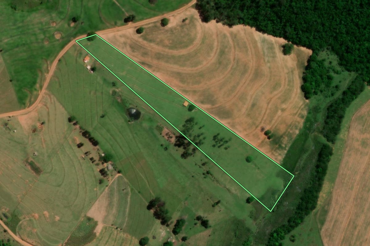Imagem de satélite do imóvel rural em Anhumas (SP), com o contorno declarado no CAR desenhado por cima.