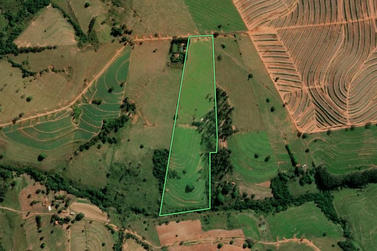 Imagem de satélite do imóvel rural em Anhumas (SP), com o contorno declarado no CAR desenhado por cima.