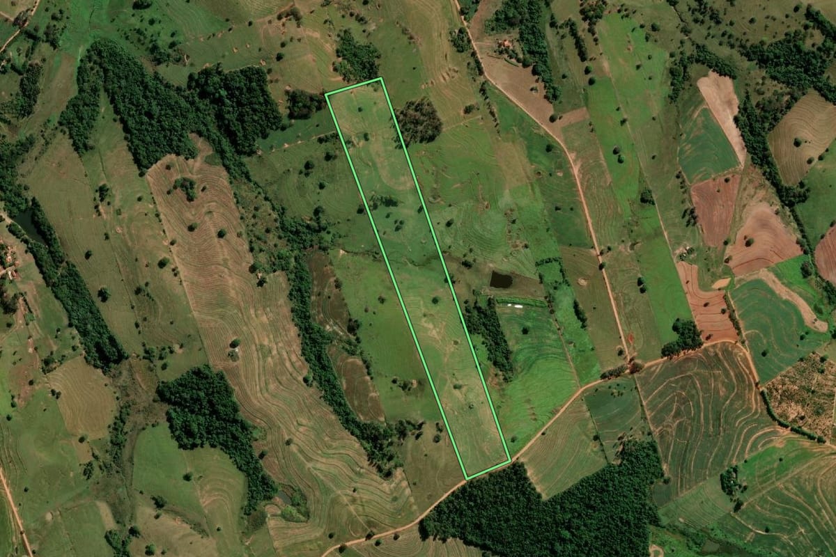 Imagem de satélite do imóvel rural em Anhumas (SP), com o contorno declarado no CAR desenhado por cima.