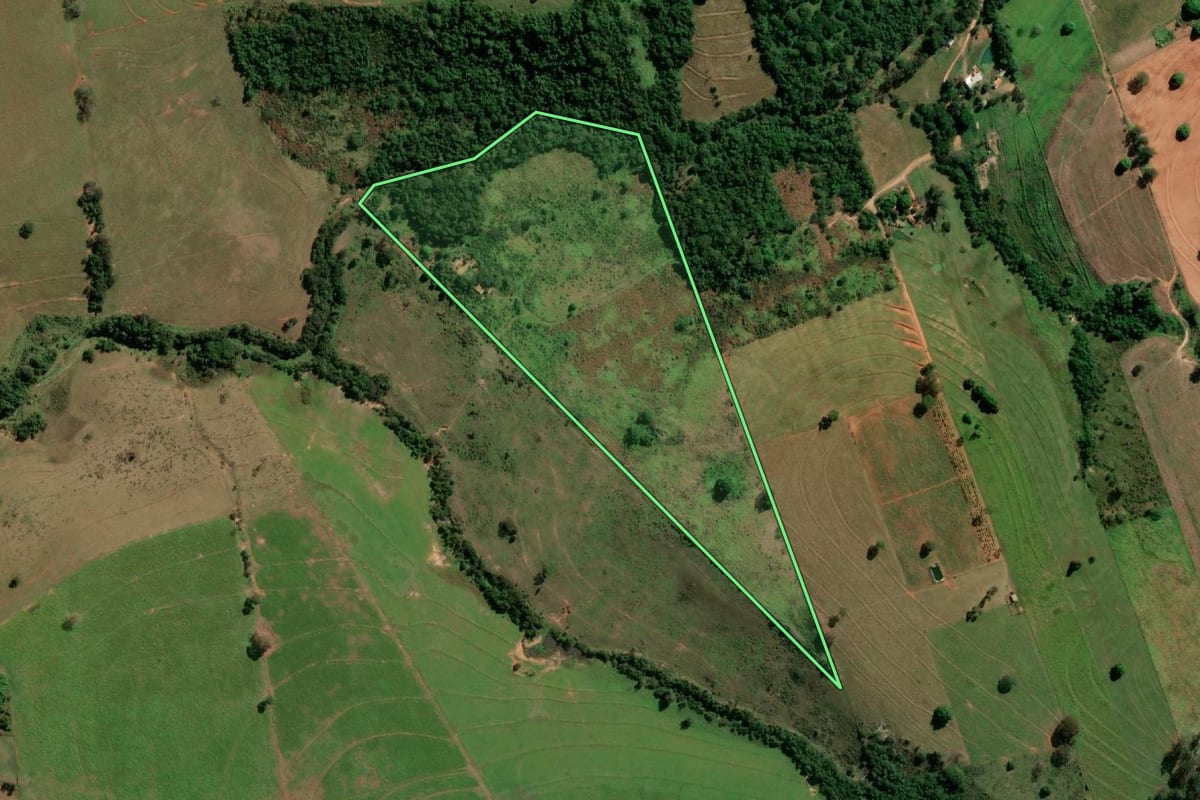Imagem de satélite do imóvel rural em Anhumas (SP), com o contorno declarado no CAR desenhado por cima.