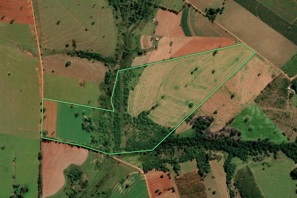 Imagem de satélite do imóvel rural em Anhumas (SP), com o contorno declarado no CAR desenhado por cima.