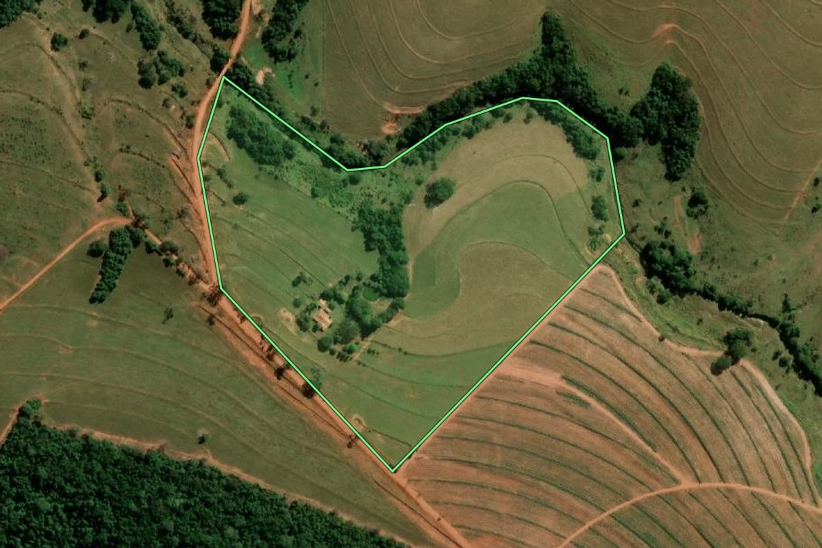 Imagem de satélite do imóvel rural em Anhumas (SP), com o contorno declarado no CAR desenhado por cima.