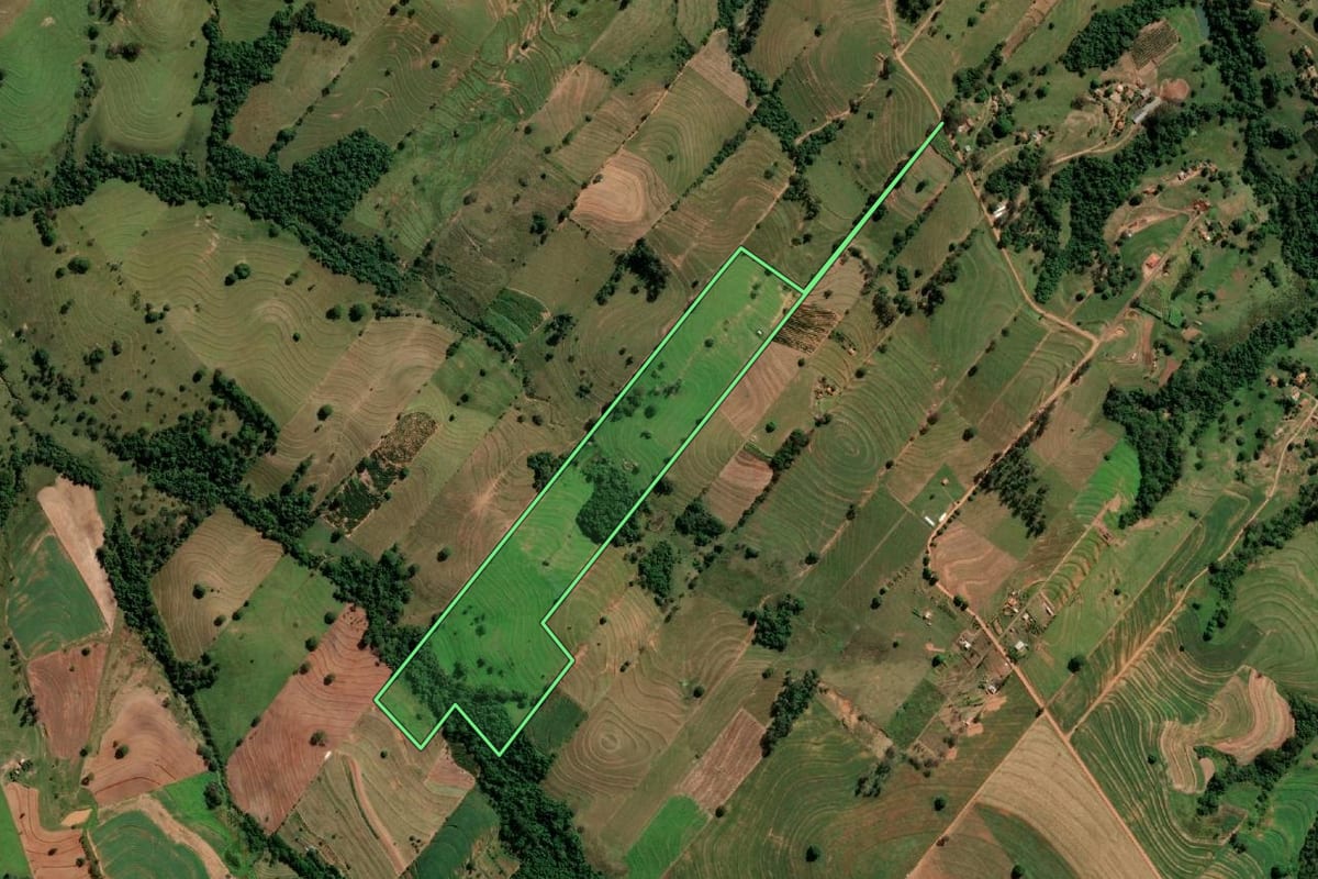 Imagem de satélite do imóvel rural em Anhumas (SP), com o contorno declarado no CAR desenhado por cima.
