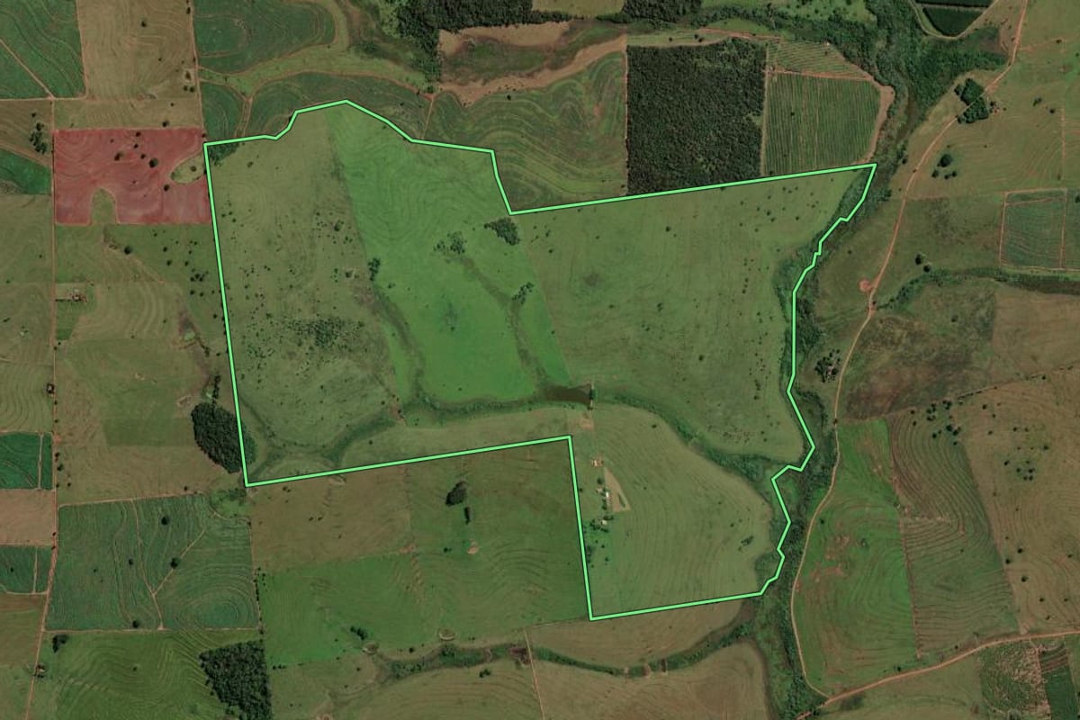Imagem de satélite do imóvel rural em Aparecida d'Oeste (SP), com o contorno declarado no CAR desenhado por cima.