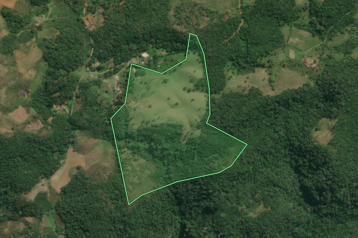 Imagem de satélite do imóvel rural em Apiaí (SP), com o contorno declarado no CAR desenhado por cima.