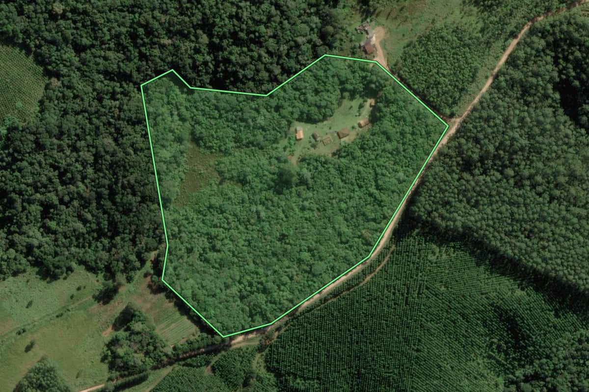 Imagem de satélite do imóvel rural em Apiaí (SP), com o contorno declarado no CAR desenhado por cima.