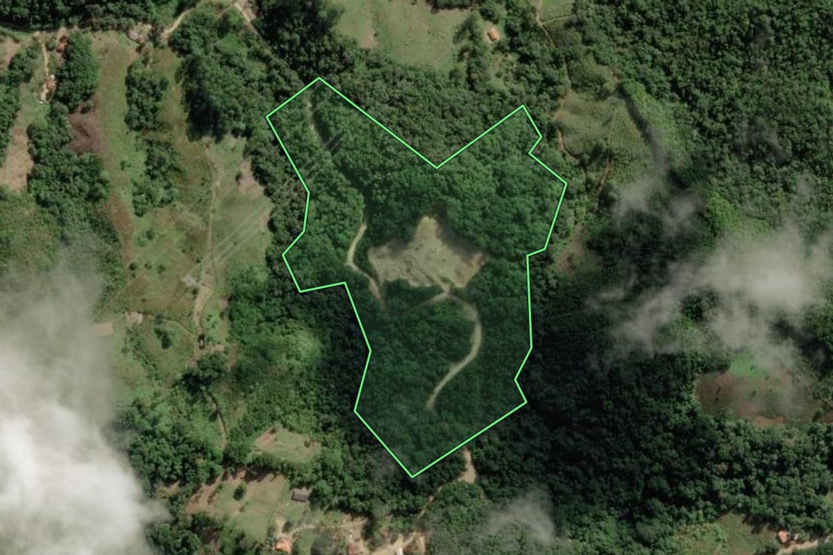 Imagem de satélite do imóvel rural em Apiaí (SP), com o contorno declarado no CAR desenhado por cima.