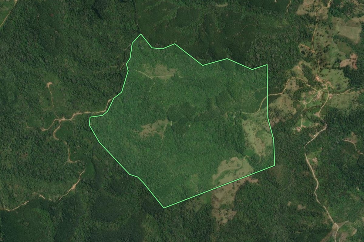 Imagem de satélite do imóvel rural em Apiaí (SP), com o contorno declarado no CAR desenhado por cima.