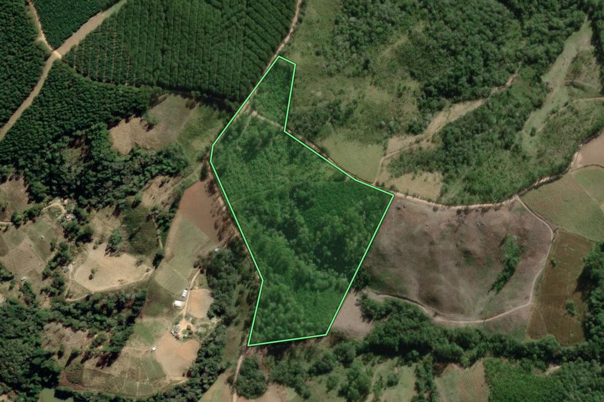 Imagem de satélite do imóvel rural em Apiaí (SP), com o contorno declarado no CAR desenhado por cima.