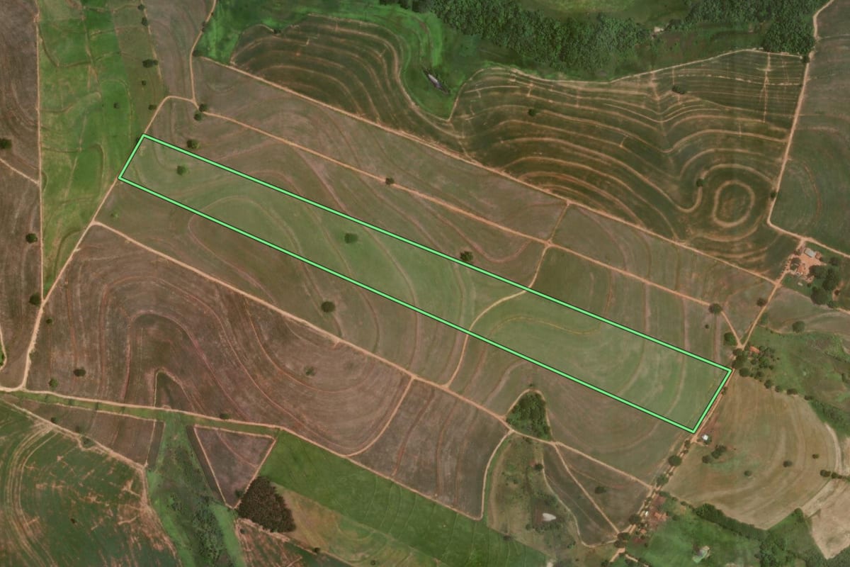 Imagem de satélite do imóvel rural em Araçatuba (SP), com o contorno declarado no CAR desenhado por cima.